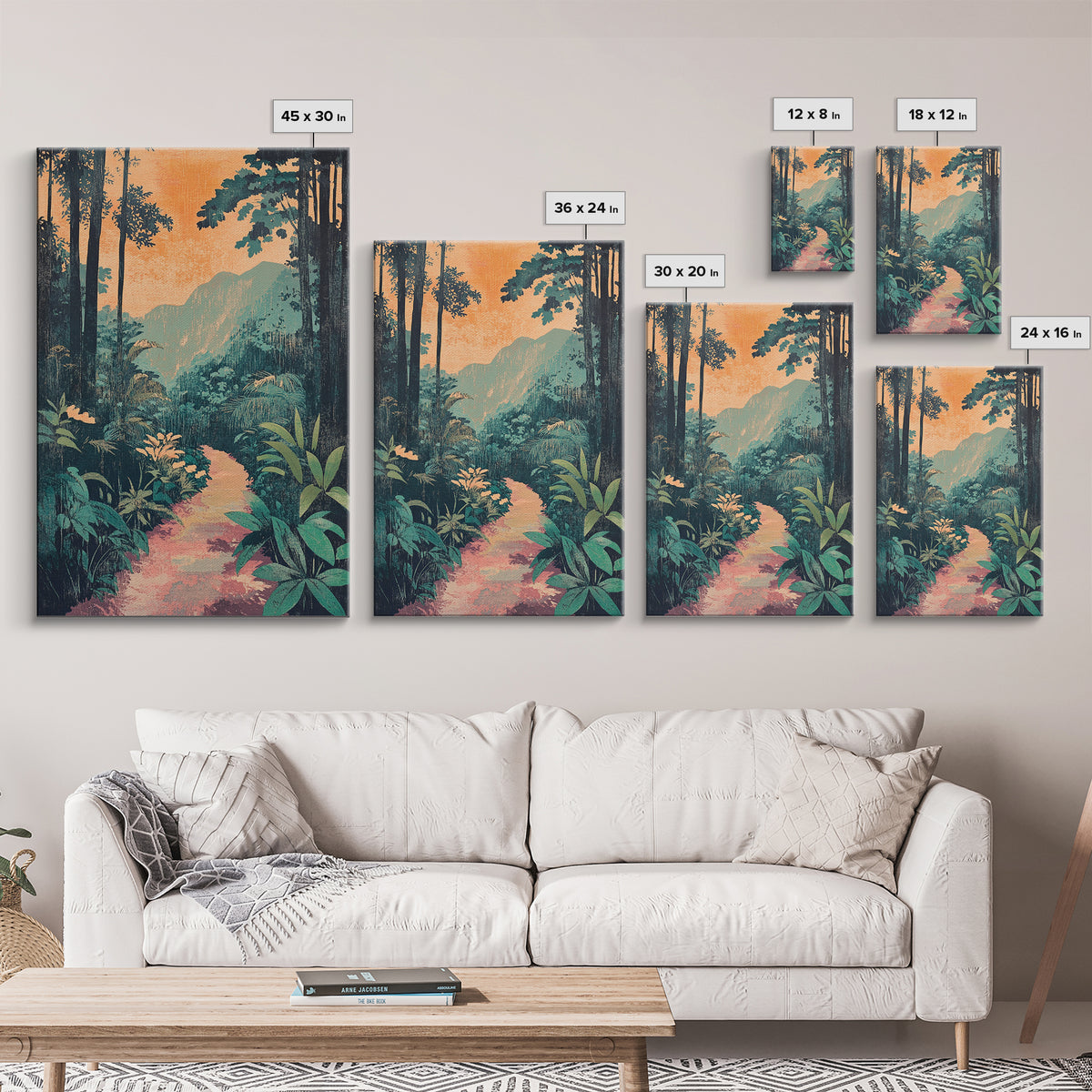 Tropical Jungle Path Wall Art, Lush Botanical Landscape Print, Boho Nature Canvas Print, Vibrant Living Room Decor Gift For Her