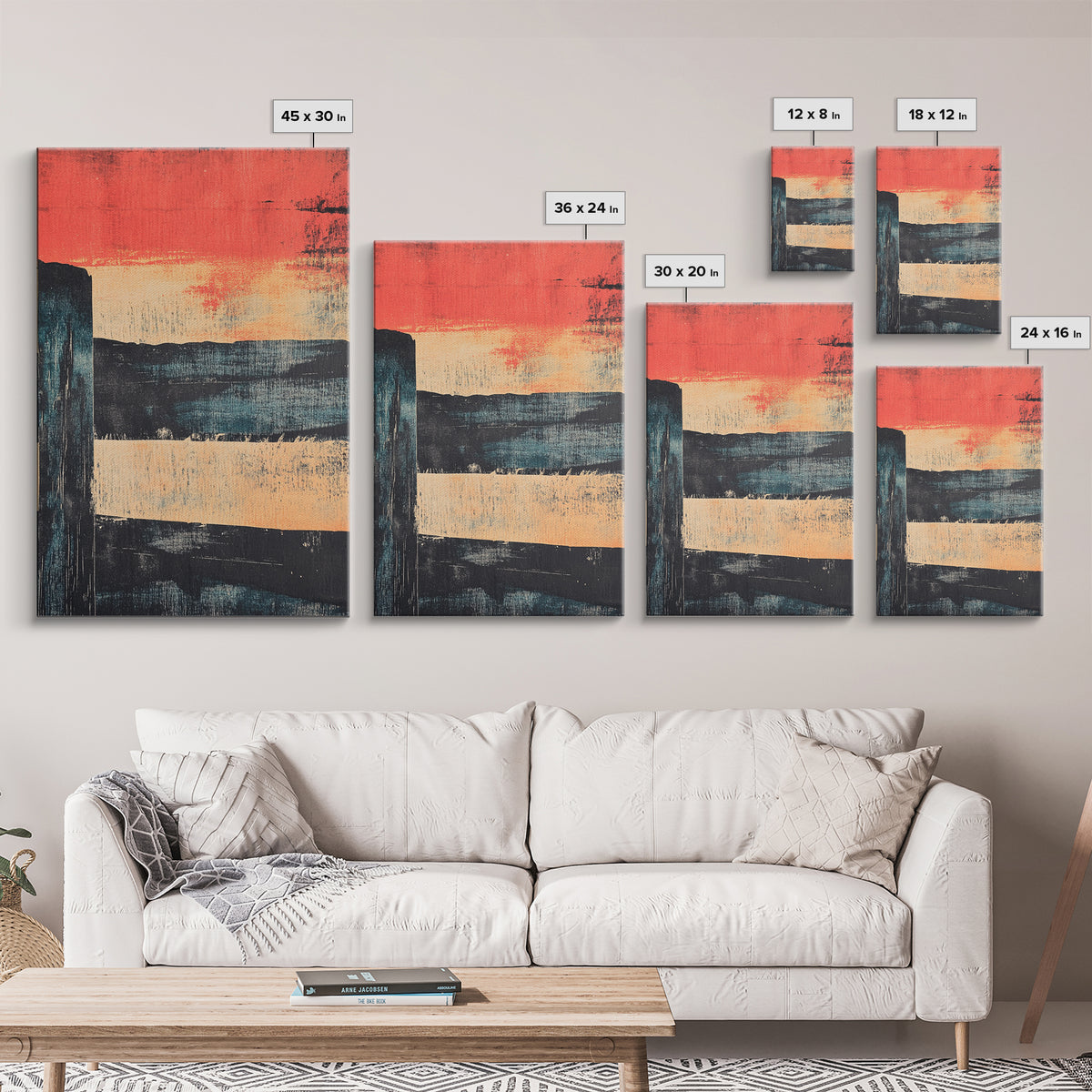 Red Sunset Abstract Seascape Wall Art, Modern Landscape Print, Moody Coastal Decor, Oversized Living Room Art, Above Sofa Decor