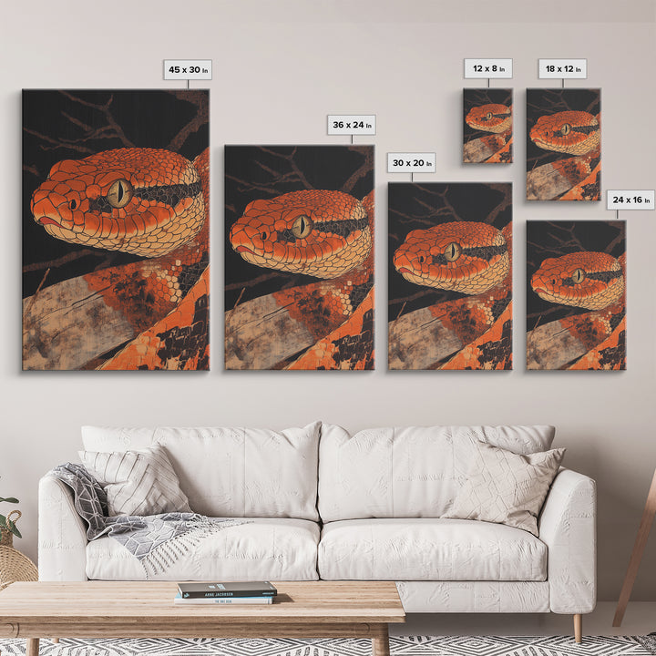 Orange Snake Portrait Framed Canvas Print, Dark Reptile Animal Wall Art, Gothic Wildlife Decor, Gift For Him, Man Cave Decor