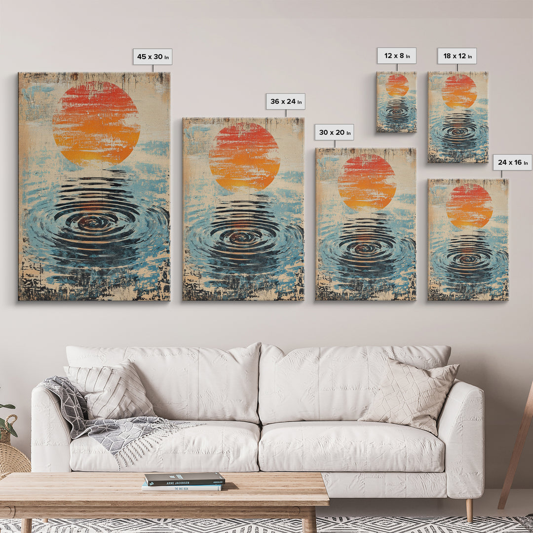 Orange Sun Water Ripple Wall Art, Minimalist Japanese Abstract Print, Zen Bathroom Decor, Calming Wall Decor, Framed Canvas Print