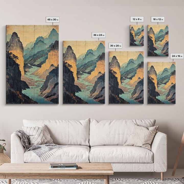 Turquoise Canyon River Mountains Wall Art, Japanese Landscape Print, Asian Inspired Travel Decor, Large Framed Canvas Print