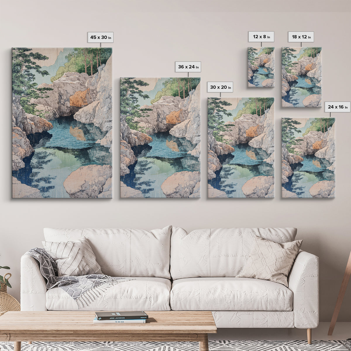 Rocky Mountain Stream And Pine Forest Wall Art, Japanese Landscape Print, Nature Wall Decor, Serene Spa Decor, Home Decor