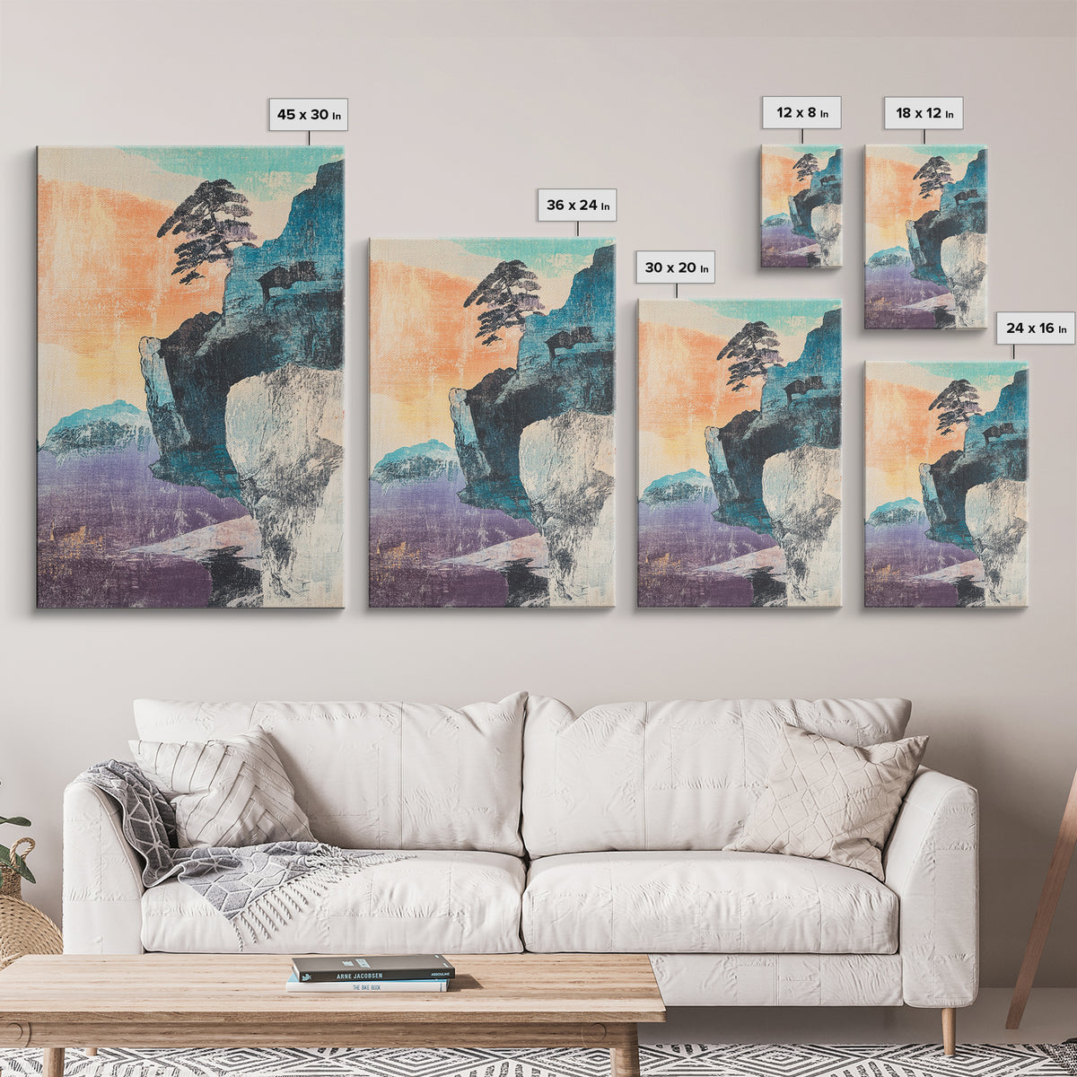Pastel Sea Cliff With Windblown Pine Wall Art, Japanese Coastal Print, Japandi Decor, Minimalist Landscape, Living Room Decor
