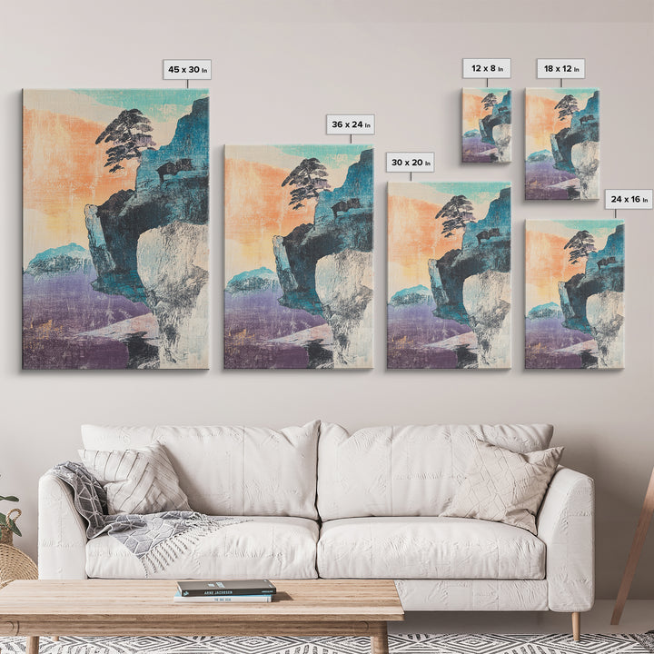 Pastel Sea Cliff With Windblown Pine Wall Art, Japanese Coastal Print, Japandi Decor, Minimalist Landscape, Living Room Decor