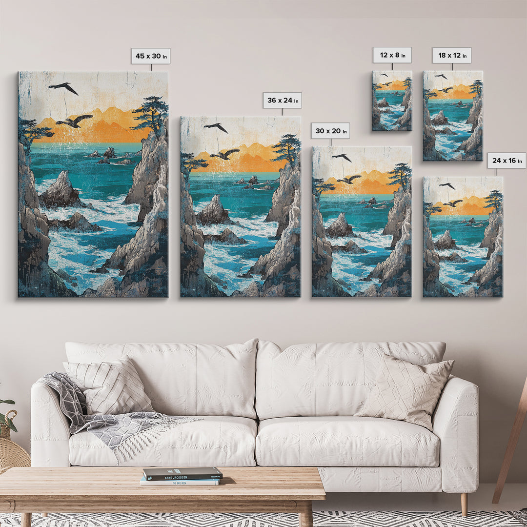 Ocean Cliffs With Flying Birds Canvas Print, Japanese Seascape Wall Art, Coastal Decor, Nautical Art, Living Room Decor, Gift For Him