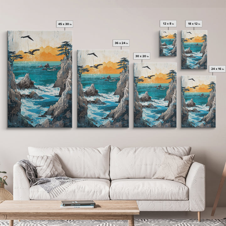 Ocean Cliffs With Flying Birds Canvas Print, Japanese Seascape Wall Art, Coastal Decor, Nautical Art, Living Room Decor, Gift For Him