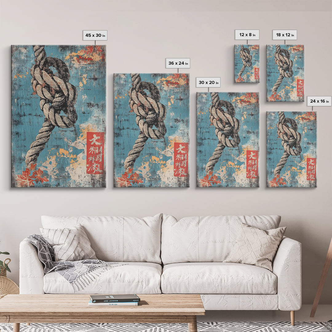 Weathered Nautical Rope Knot Wall Art, Coastal Maritime Print, Blue Ocean Decor, Rustic Beach House Large Framed Canvas Print