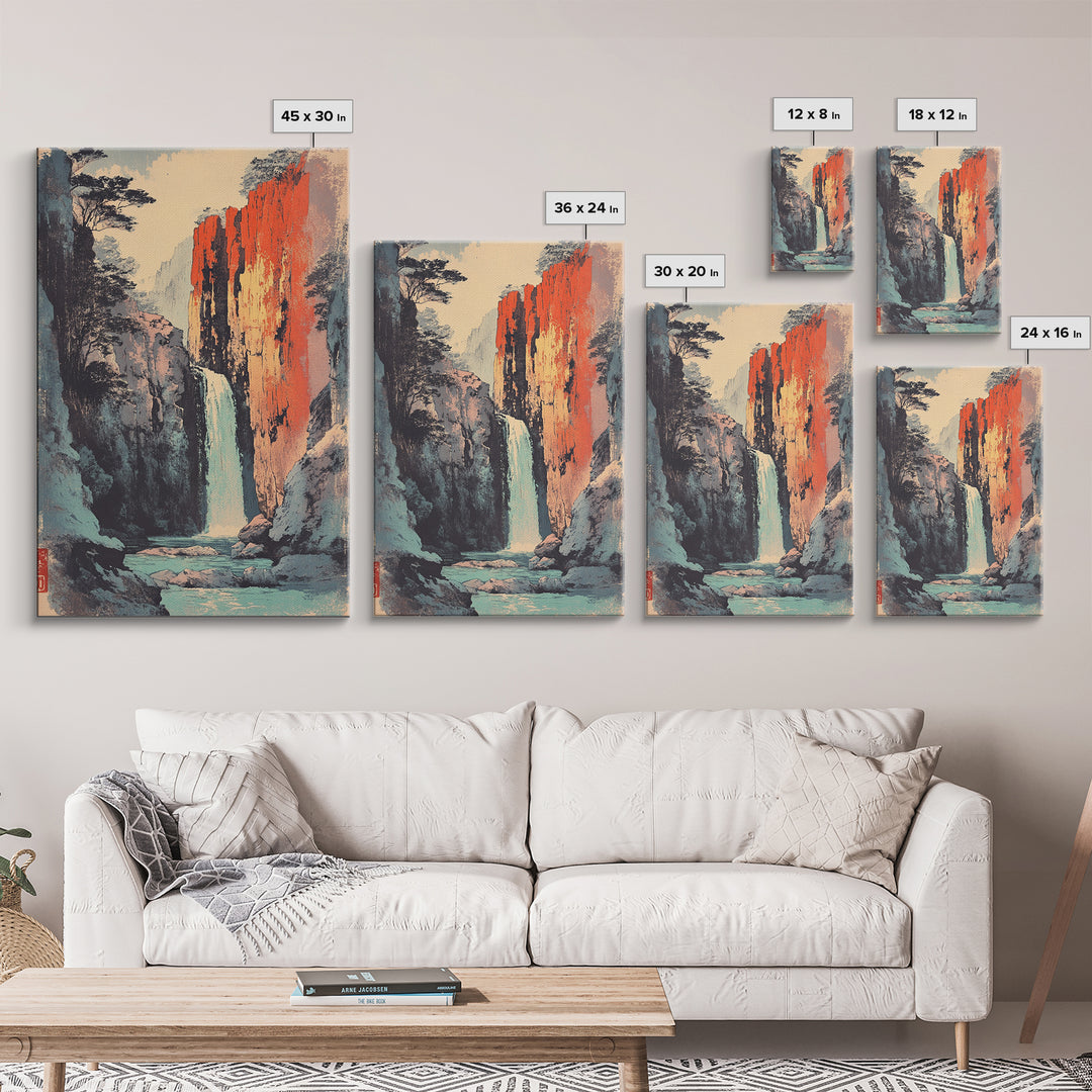 Canyon Waterfall And Red Rock Cliffs Wall Art, Japanese Landscape Print, Nature Decor, Large Serene Mountain Canvas Print