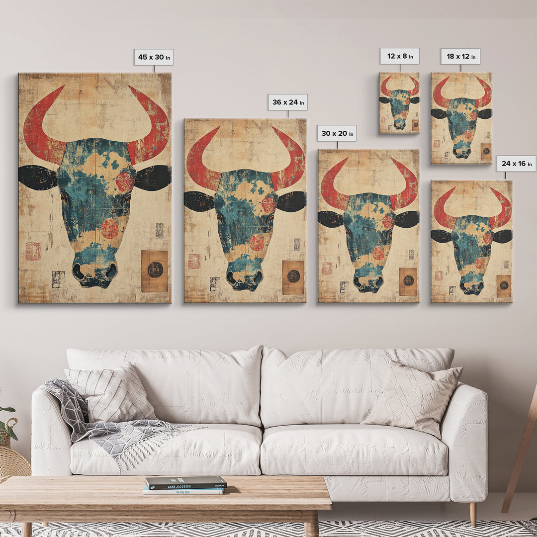Distressed Turquoise Bull Head With Red Horns Wall Art, Western Tribal Canvas Print, Rustic Ranch Decor, Bold Animal Art