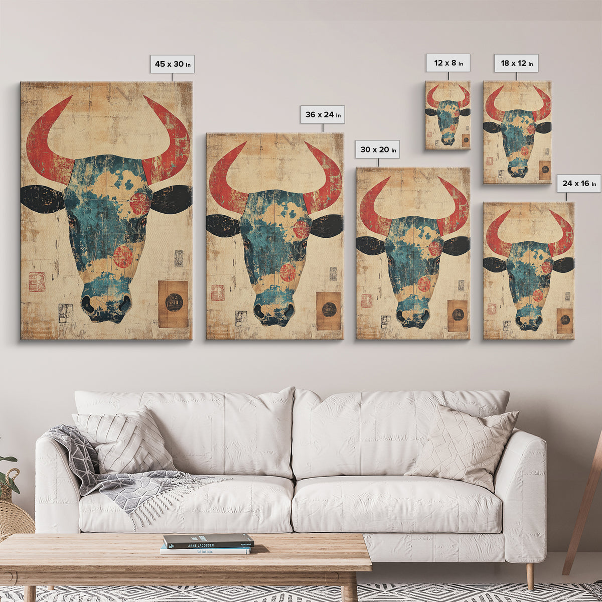 Distressed Turquoise Bull Head With Red Horns Wall Art, Western Tribal Canvas Print, Rustic Ranch Decor, Bold Animal Art