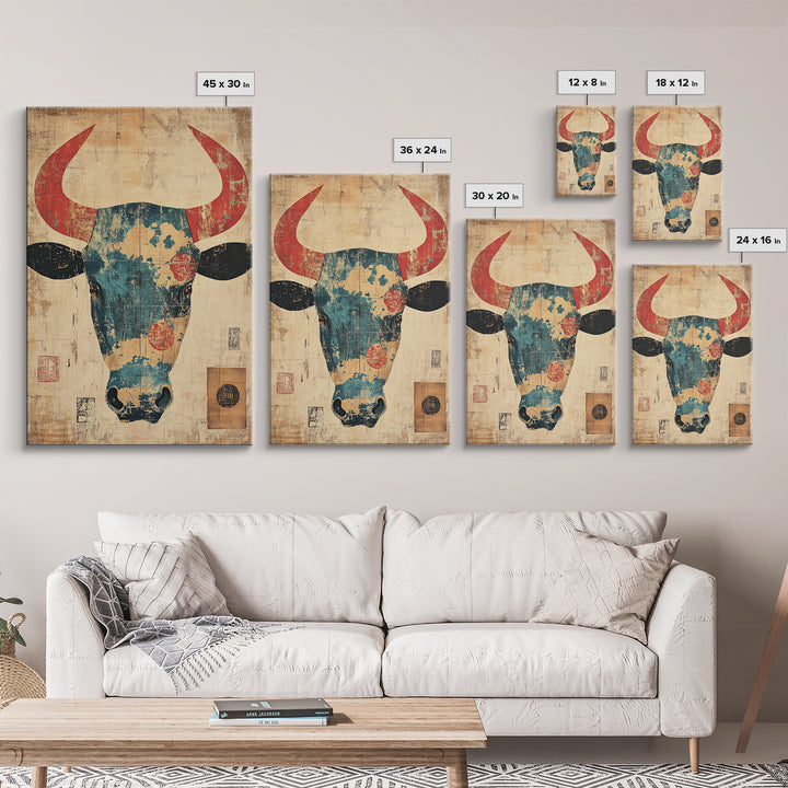Distressed Turquoise Bull Head With Red Horns Wall Art, Western Tribal Canvas Print, Rustic Ranch Decor, Bold Animal Art