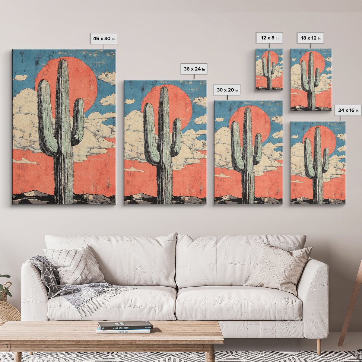 Tall Saguaro Cactus With Coral Desert Sun Wall Art, Southwestern Canvas Print, Boho Western Decor, Arizona Landscape Art