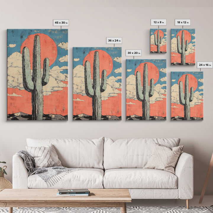 Tall Saguaro Cactus With Coral Desert Sun Wall Art, Southwestern Canvas Print, Boho Western Decor, Arizona Landscape Art