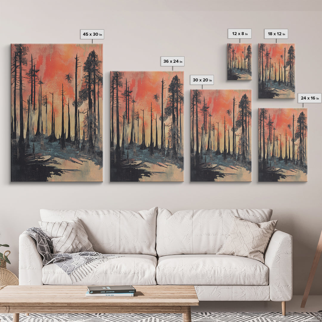 Misty Burnt Pine Forest At Coral Sunset Wall Art, Moody Landscape Canvas Print, Rustic Nature Decor, Dramatic Woodland Art