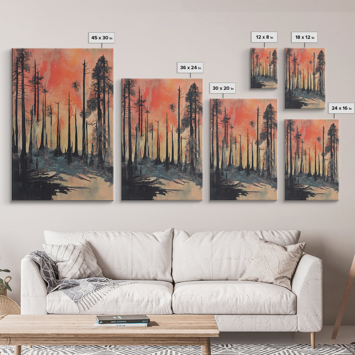 Misty Burnt Pine Forest At Coral Sunset Wall Art, Moody Landscape Canvas Print, Rustic Nature Decor, Dramatic Woodland Art