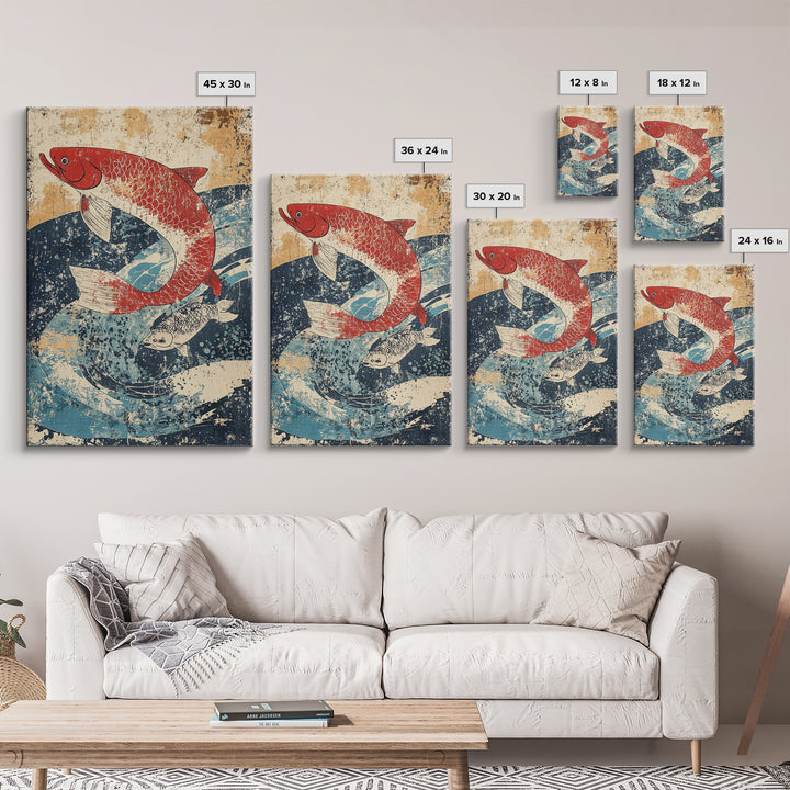 Red Koi Fish Swimming Through Blue Waves Wall Art, Japanese Canvas Print, Coastal Animal Decor, Feng Shui Living Room Art
