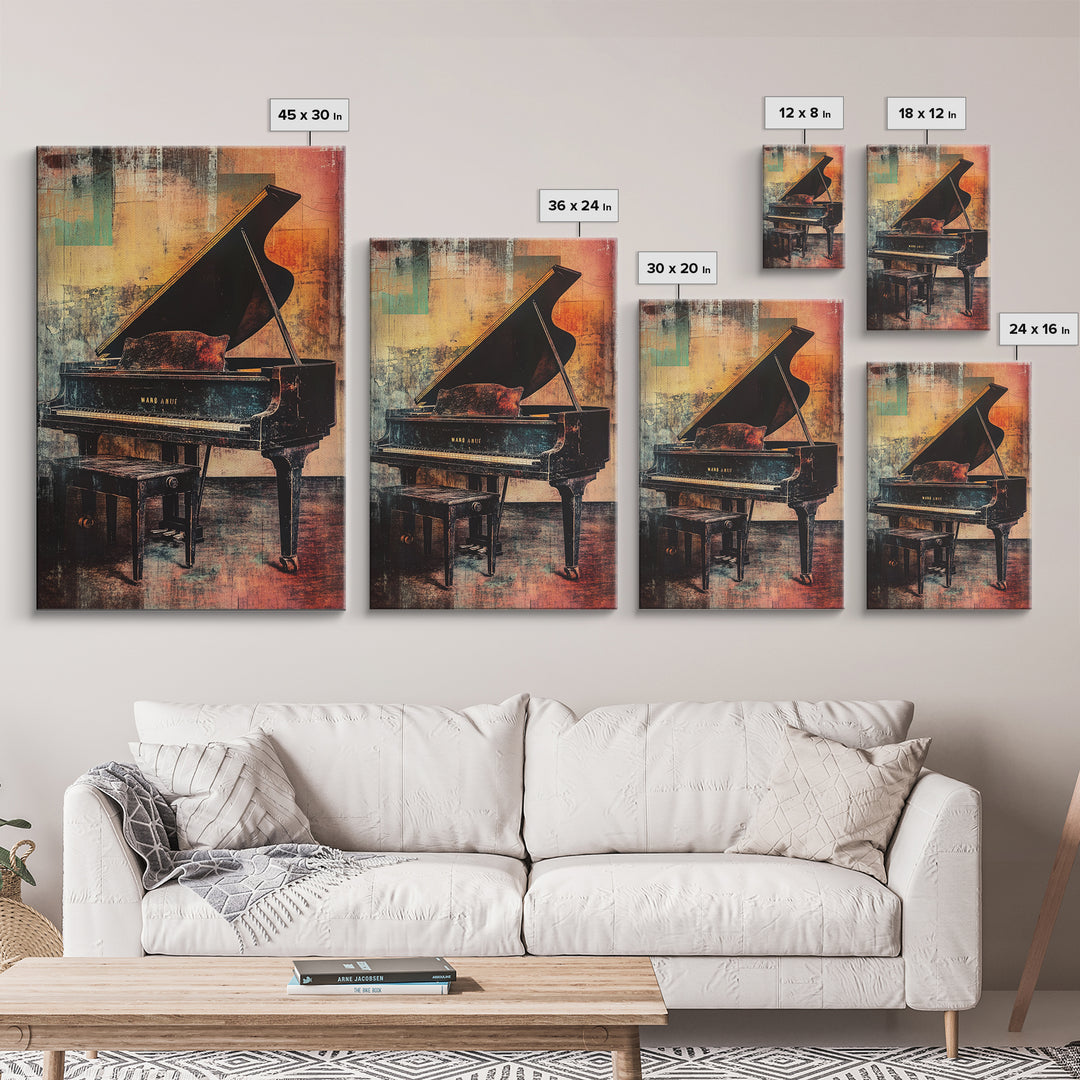 Moody Grand Piano In Warm Abstract Studio Canvas Print, Music Room Decor, Jazz Art Print, Modern Wall Art, Gift For Music Lover