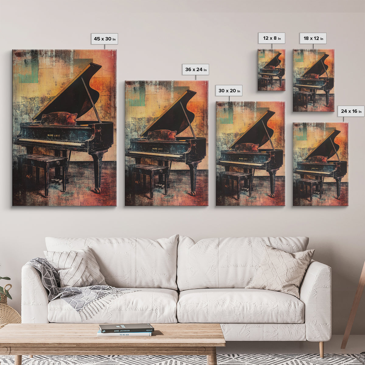 Moody Grand Piano In Warm Abstract Studio Canvas Print, Music Room Decor, Jazz Art Print, Modern Wall Art, Gift For Music Lover