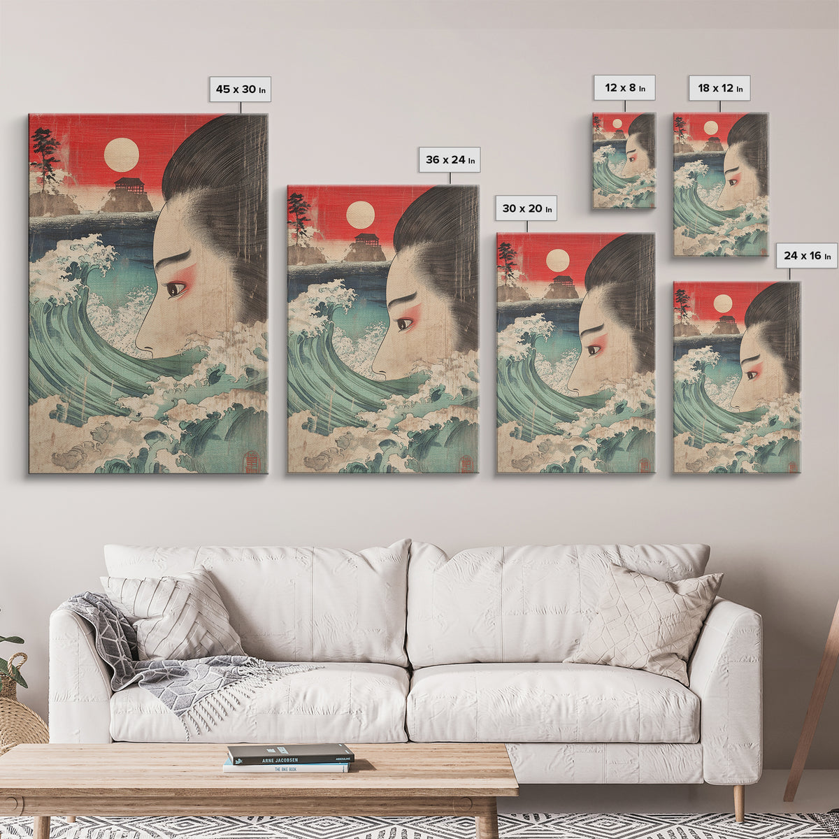 Ukiyo E Woman Face With Ocean Wave Canvas Print, Japanese Wall Art, Coastal Decor, Asian Inspired Art, Living Room Decor