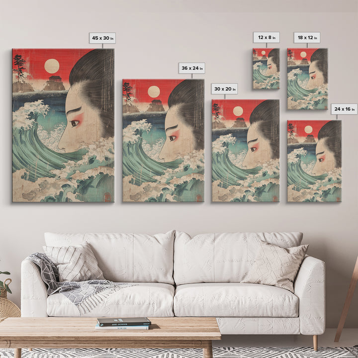 Ukiyo E Woman Face With Ocean Wave Canvas Print, Japanese Wall Art, Coastal Decor, Asian Inspired Art, Living Room Decor