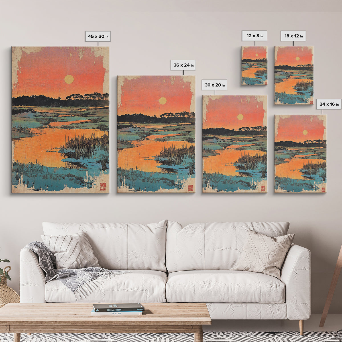 Serene Marsh Sunset Over Blue Wetlands Wall Art, Japanese Landscape Print, Nature Wall Decor, Coastal Home Decor, Zen Gift