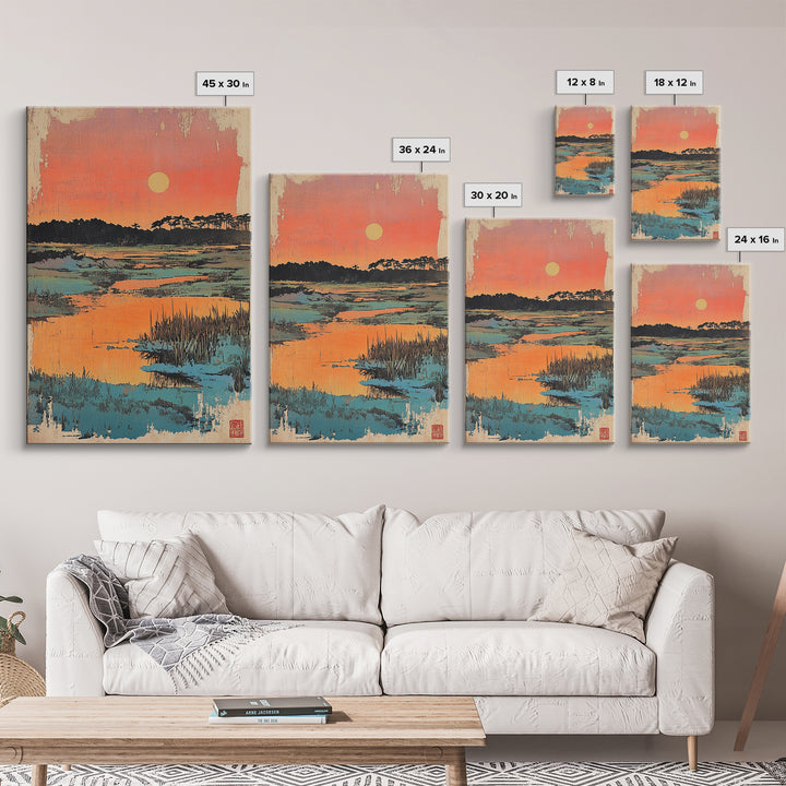 Serene Marsh Sunset Over Blue Wetlands Wall Art, Japanese Landscape Print, Nature Wall Decor, Coastal Home Decor, Zen Gift