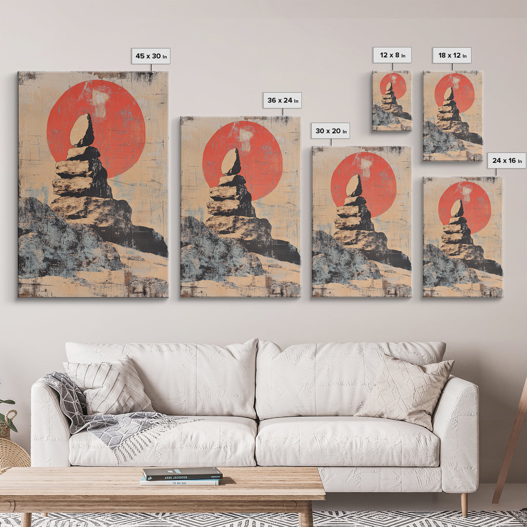Balanced Zen Stones Before Red Sun Wall Art, Wabi Sabi Decor, Meditation Room Print, Minimalist Japanese Home Decor Gift