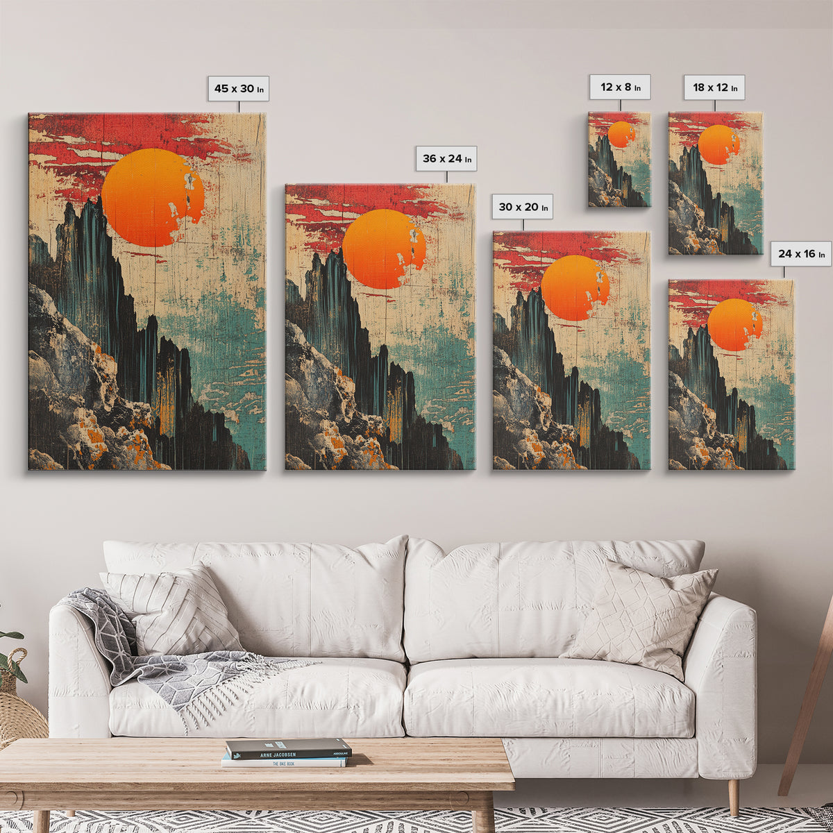 Dramatic Japanese Mountain Sun Canvas Print, Abstract Landscape Art, Modern Wall Decor, Japandi Wall Art, Living Room Decor