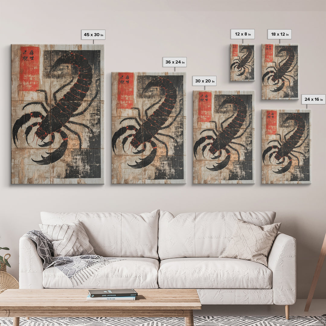 Black Scorpion Japanese Framed Canvas Print, Gothic Wall Art, Dark Academia Decor, Animal Art Print, Unique Gift For Him