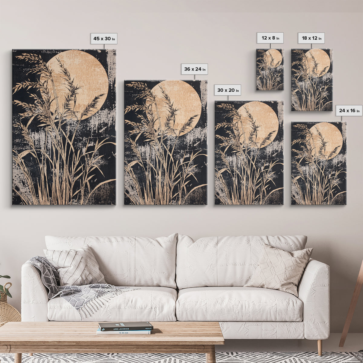 Moonlit Pampas Grass Canvas Print, Botanical Wall Art, Black And White Art, Neutral Wall Decor, Japandi Decor, Bedroom Art