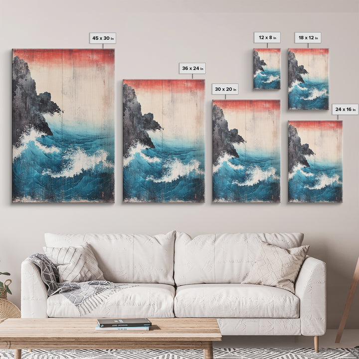 Dramatic Blue Wave And Cliff Canvas Print, Japanese Seascape Wall Decor, Coastal Ocean Art For Living Room Decor, Beach House Gift