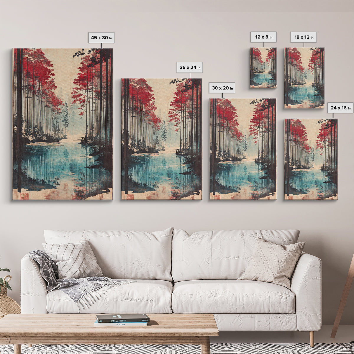 Red Pine Forest Lake Wall Art, Japanese Landscape Print, Moody Nature Wall Decor, Large Living Room Canvas Decor For Home