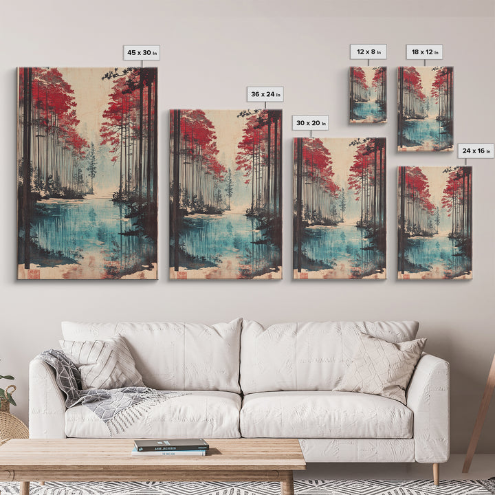 Red Pine Forest Lake Wall Art, Japanese Landscape Print, Moody Nature Wall Decor, Large Living Room Canvas Decor For Home