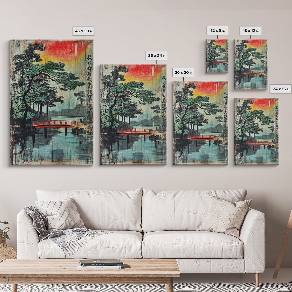Red Bridge Rainy Lake Canvas Print, Japanese Wall Art, Asian Landscape Decor, Zen Home Decor, Living Room Decor, Housewarming Gift
