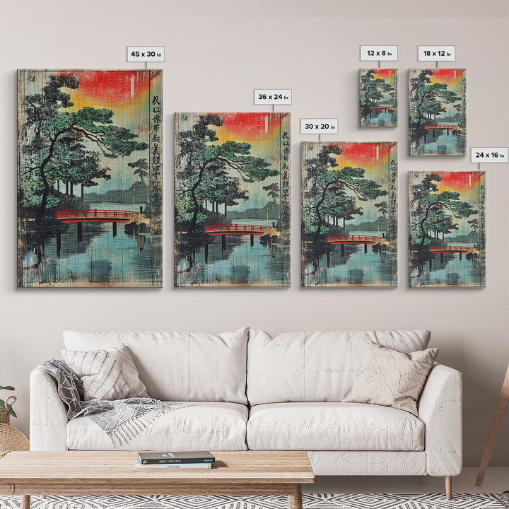 Red Bridge Rainy Lake Canvas Print, Japanese Wall Art, Asian Landscape Decor, Zen Home Decor, Living Room Decor, Housewarming Gift