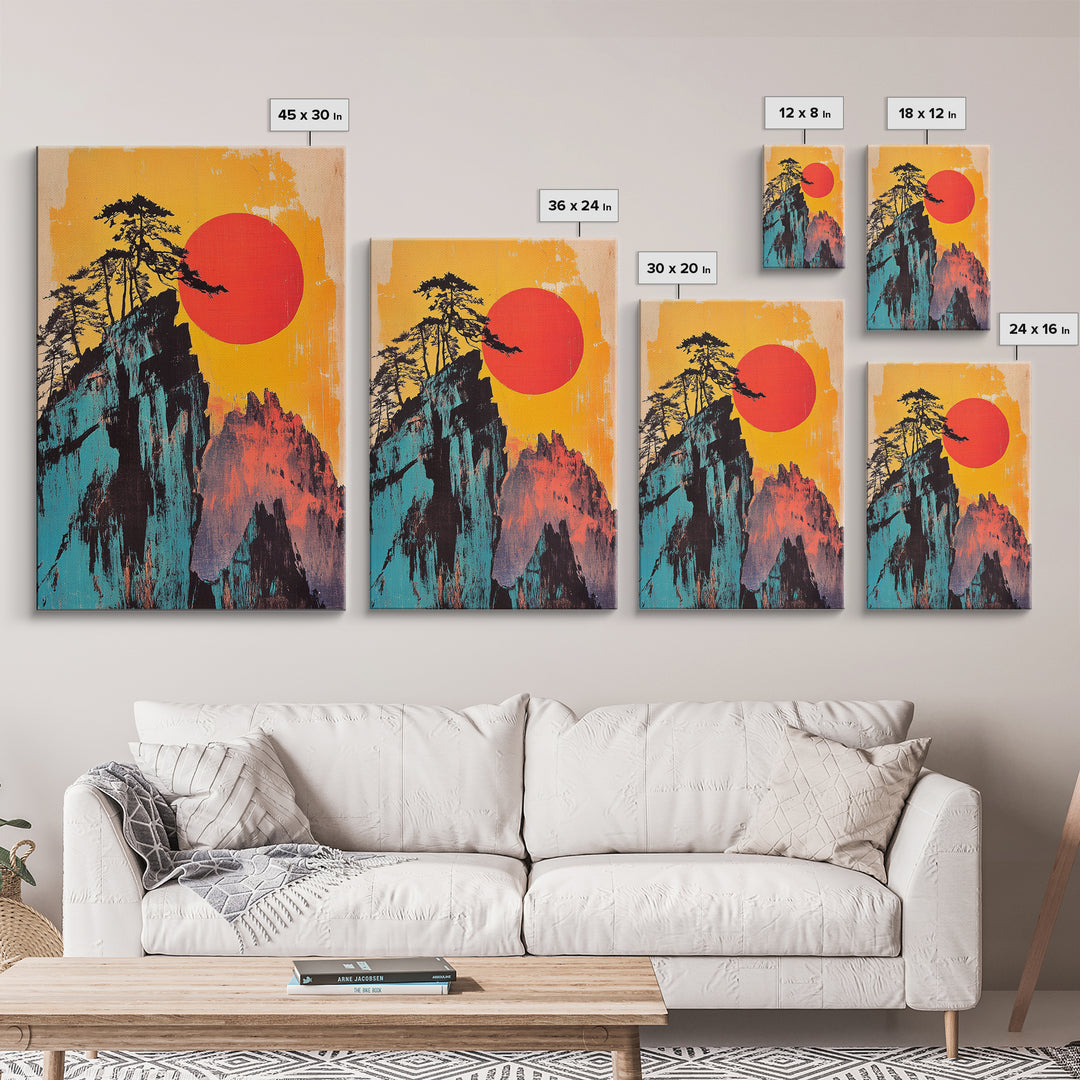 Bold Red Sun Mountain Cliff Wall Art, Japanese Landscape Print, Retro Travel Poster, Statement Living Room Decor Gift For Him