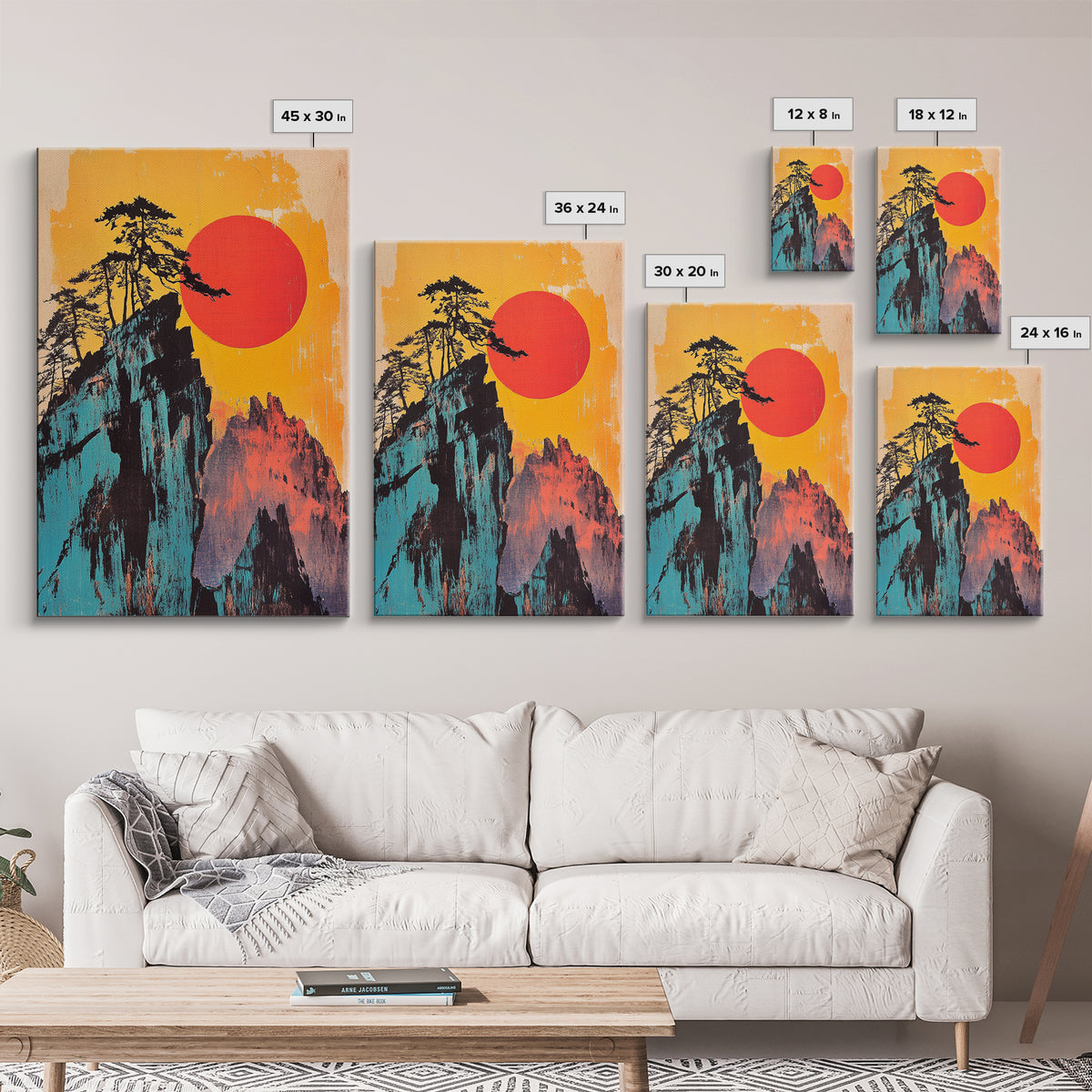 Bold Red Sun Mountain Cliff Wall Art, Japanese Landscape Print, Retro Travel Poster, Statement Living Room Decor Gift For Him