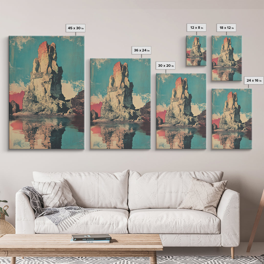 Turquoise Sea Stack Island At Sunset Wall Art, Retro Coastal Landscape Print, Ocean Rock Nature Decor, Modern Beach House
