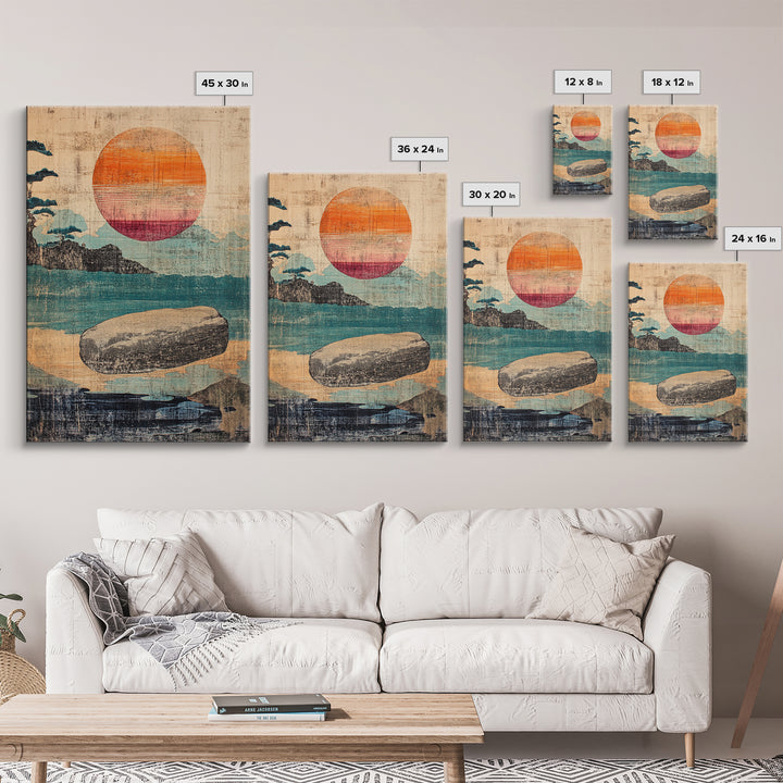 Floating Stone Over Teal Water At Sunset Canvas Print, Japandi Zen Wall Art, Minimalist Coastal Decor, Meditation Room Art