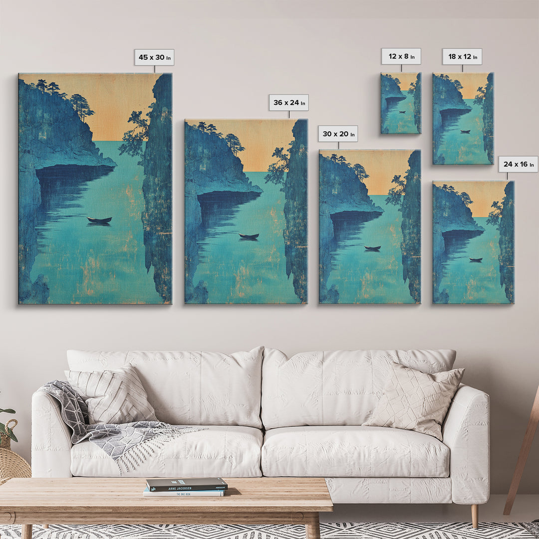 Blue Coastal Canyon Boat Wall Art, Japanese Seascape Print, Nautical Home Decor, Serene Ocean Landscape Living Room Art Print