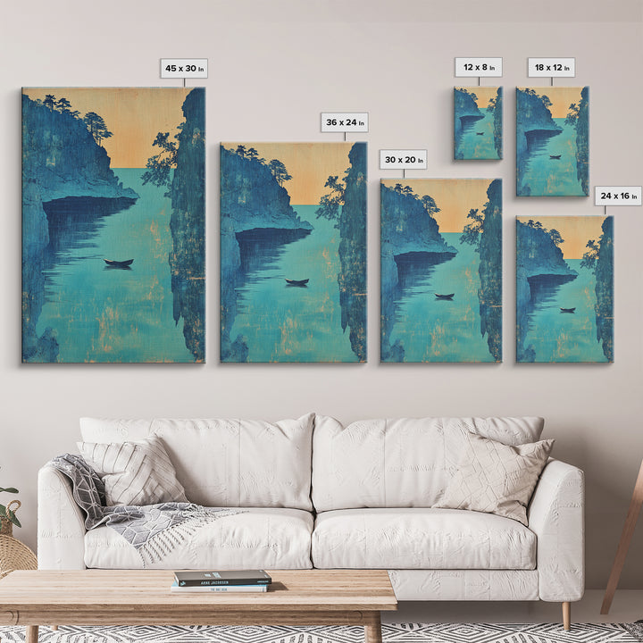 Blue Coastal Canyon Boat Wall Art, Japanese Seascape Print, Nautical Home Decor, Serene Ocean Landscape Living Room Art Print