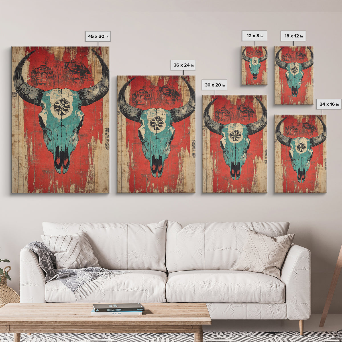 Turquoise Bull Skull On Red Rustic Wood Wall Art, Western Wall Decor, Southwestern Canvas, Tribal Home Decor For Living Room