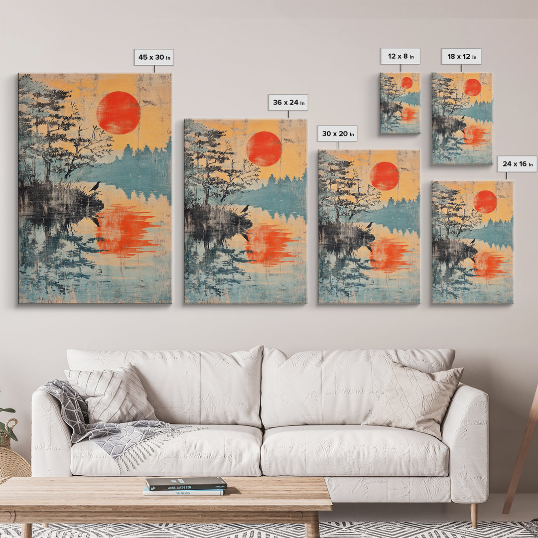 Red Sun Over Pine Lake Reflection Wall Art, Japanese Wall Decor, Japandi Landscape Print, Serene Nature Canvas For Living Room