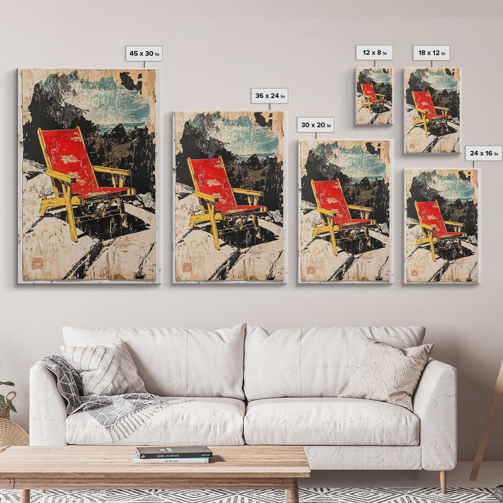 Red Beach Chair On Rocky Coast Wall Art, Coastal Wall Decor, Modern Travel Poster, Summer Beach House Canvas Print For Living Room Decor