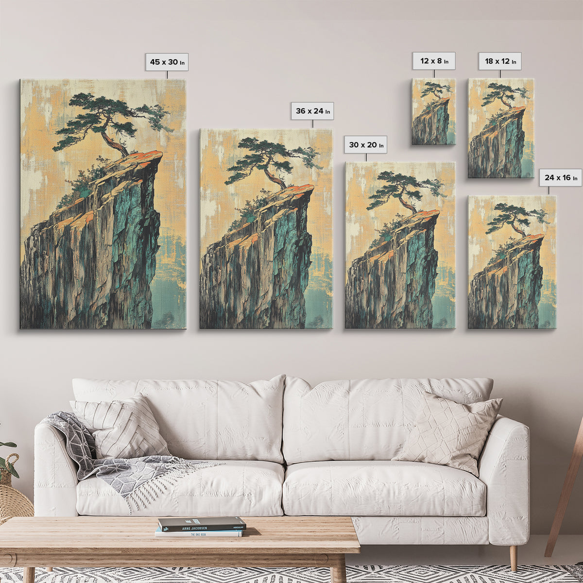 Lone Pine Tree On Sheer Cliff Wall Art, Japandi Landscape, Japanese Wall Decor, Serene Nature Canvas Print For Living Room