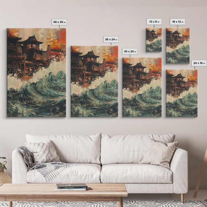 Japanese Pagoda Village With Crashing Wave Wall Art, Coastal Wall Decor, Asian Inspired Art, Dramatic Canvas Print For Living Room