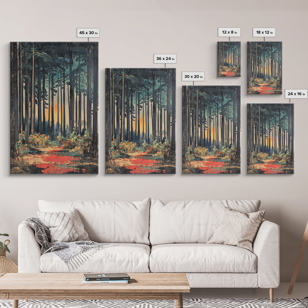 Tall Pine Forest Path At Sunset Wall Art, Nature Wall Decor, Moody Landscape Print, Woodland Canvas For Living Room Decor