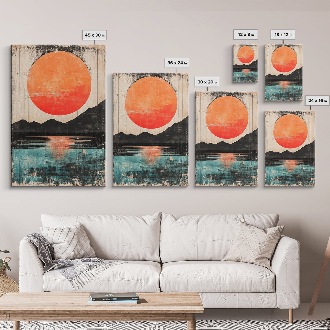 Giant Orange Sun Over Mountain Lake Wall Art, Japanese Wall Decor, Modern Landscape, Teal Canvas Print For Living Room Decor
