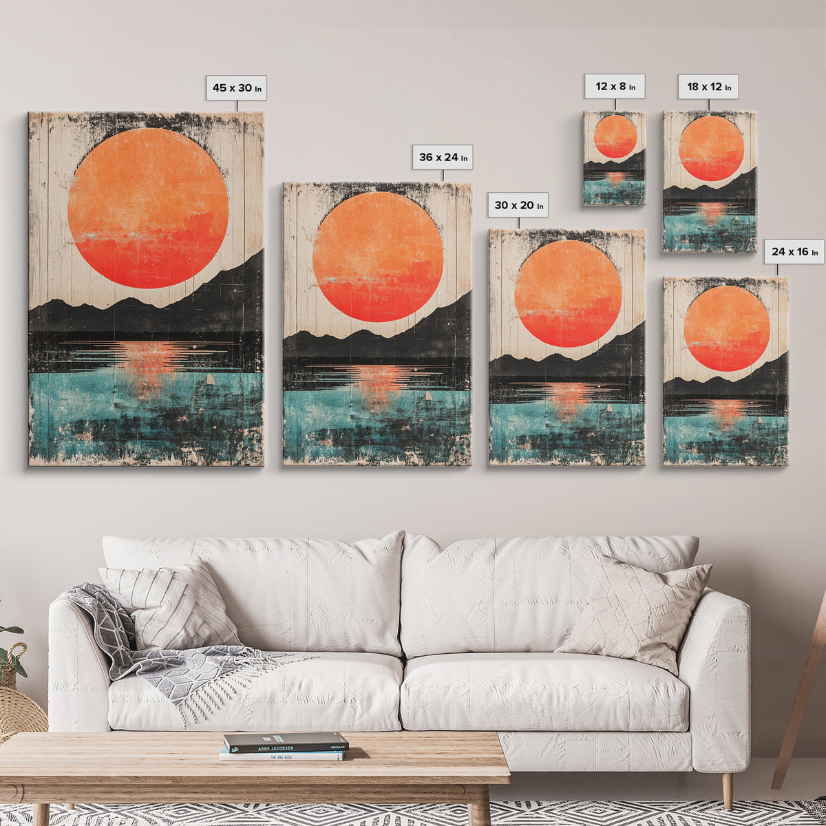 Giant Orange Sun Over Mountain Lake Wall Art, Japanese Wall Decor, Modern Landscape, Teal Canvas Print For Living Room Decor