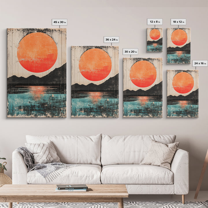 Giant Orange Sun Over Mountain Lake Wall Art, Japanese Wall Decor, Modern Landscape, Teal Canvas Print For Living Room Decor